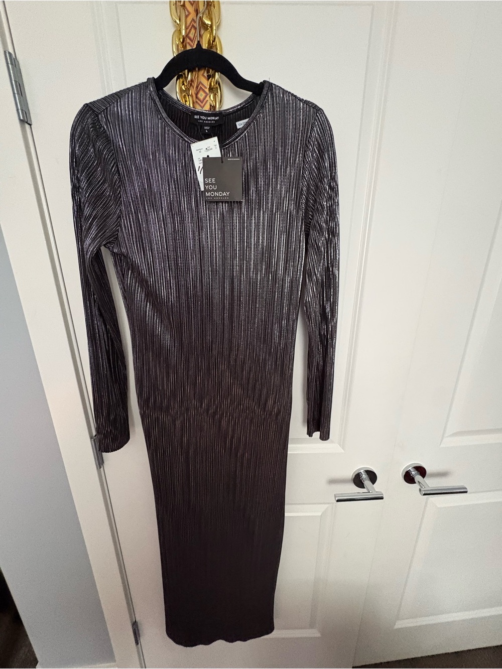See You Monday Metallic Ribbed Long Sleeve Maxi Dress - Charcoal Silver